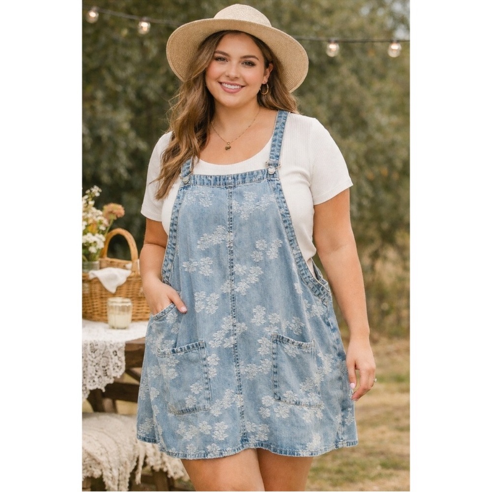 NWT - ARULA Floral Embroidered Denim Skirtall Overall Apron Dress